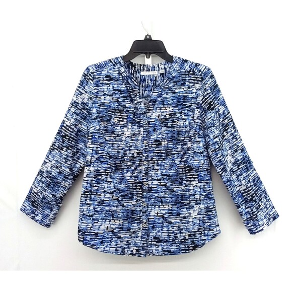 Notations Blouse Women Size PM Blue Black Abstract Roll Tab Sleeves Button Up - Picture 1 of 5
